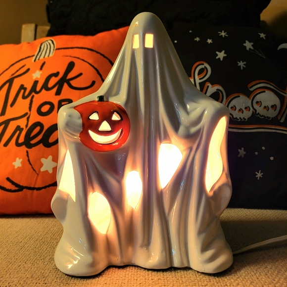 Vintage 1988 World Bazaar L&L Design Ceramic Ghost Jack-O-Lantern Pumpkin Light - Picture 1 of 9